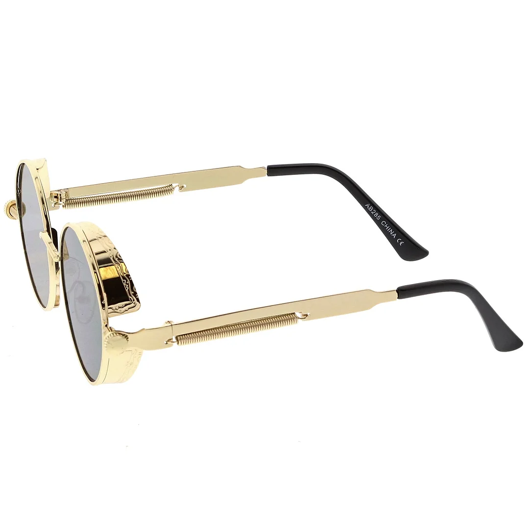 Steampunk Metal Round glasses With Metal Side Cover Flat Lens 42mm