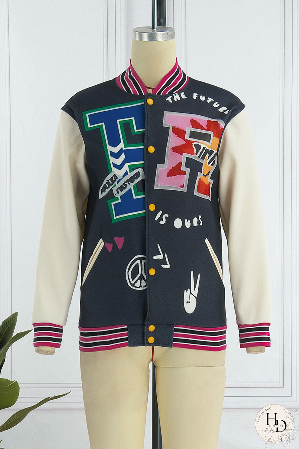 Blue Casual Print Patchwork O Neck Outerwear