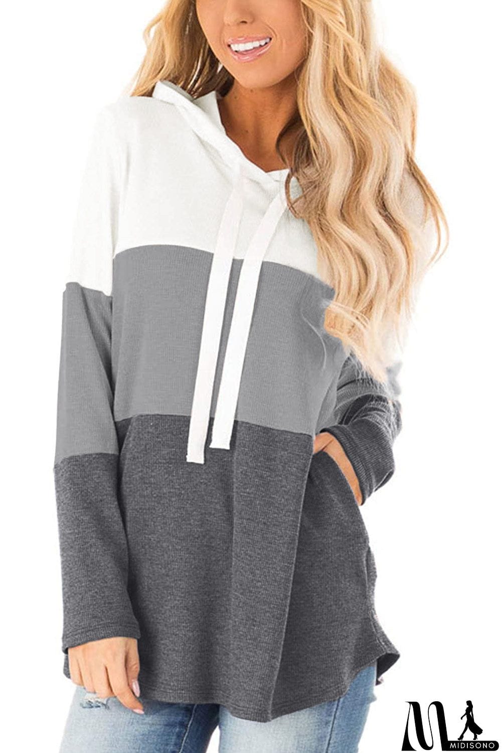 MidiSono - Color Block Long Sleeve Drawstring Hoodie