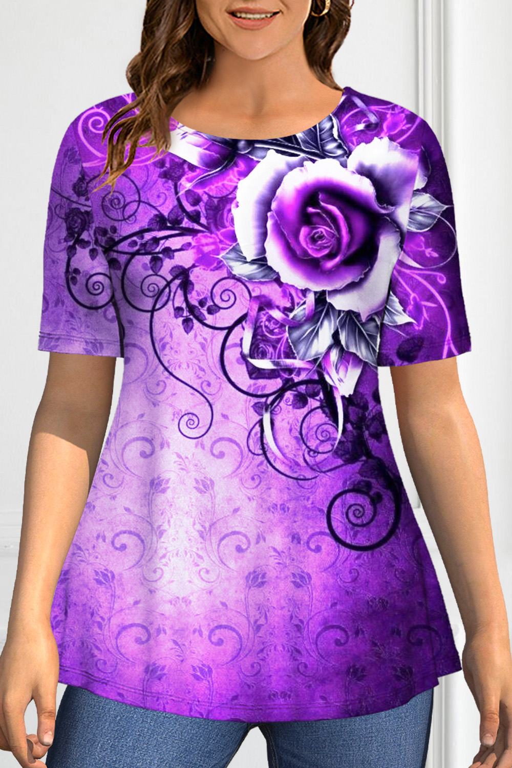 Flycurvy Plus Size Halloween Purple Gradient Floral Print T-Shirt