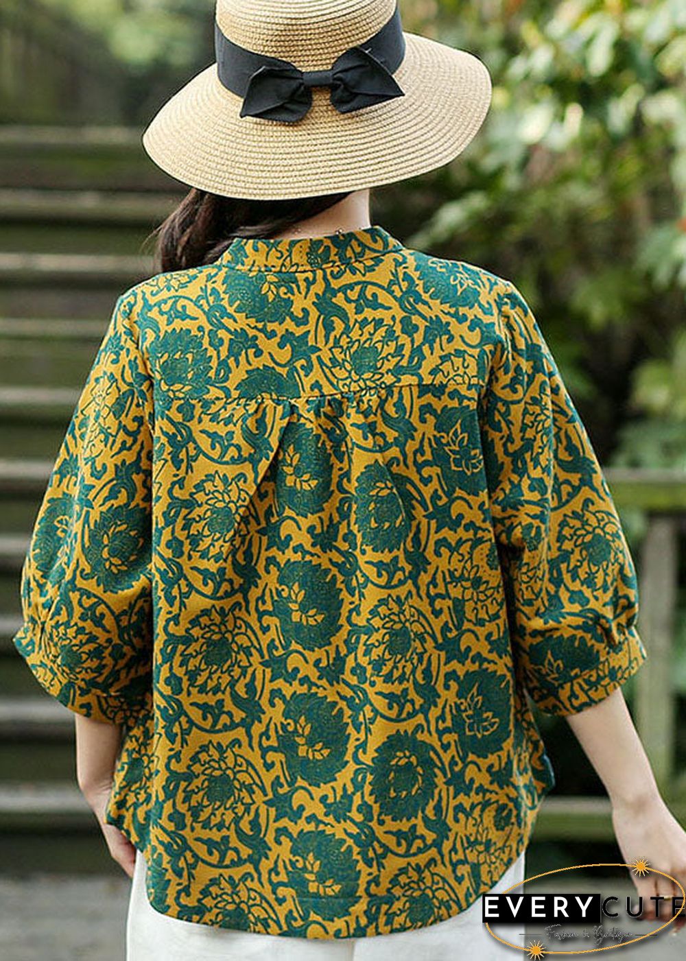 Handmade Yellow O-Neck Green Print Linen Shirt Top Bracelet Sleeve