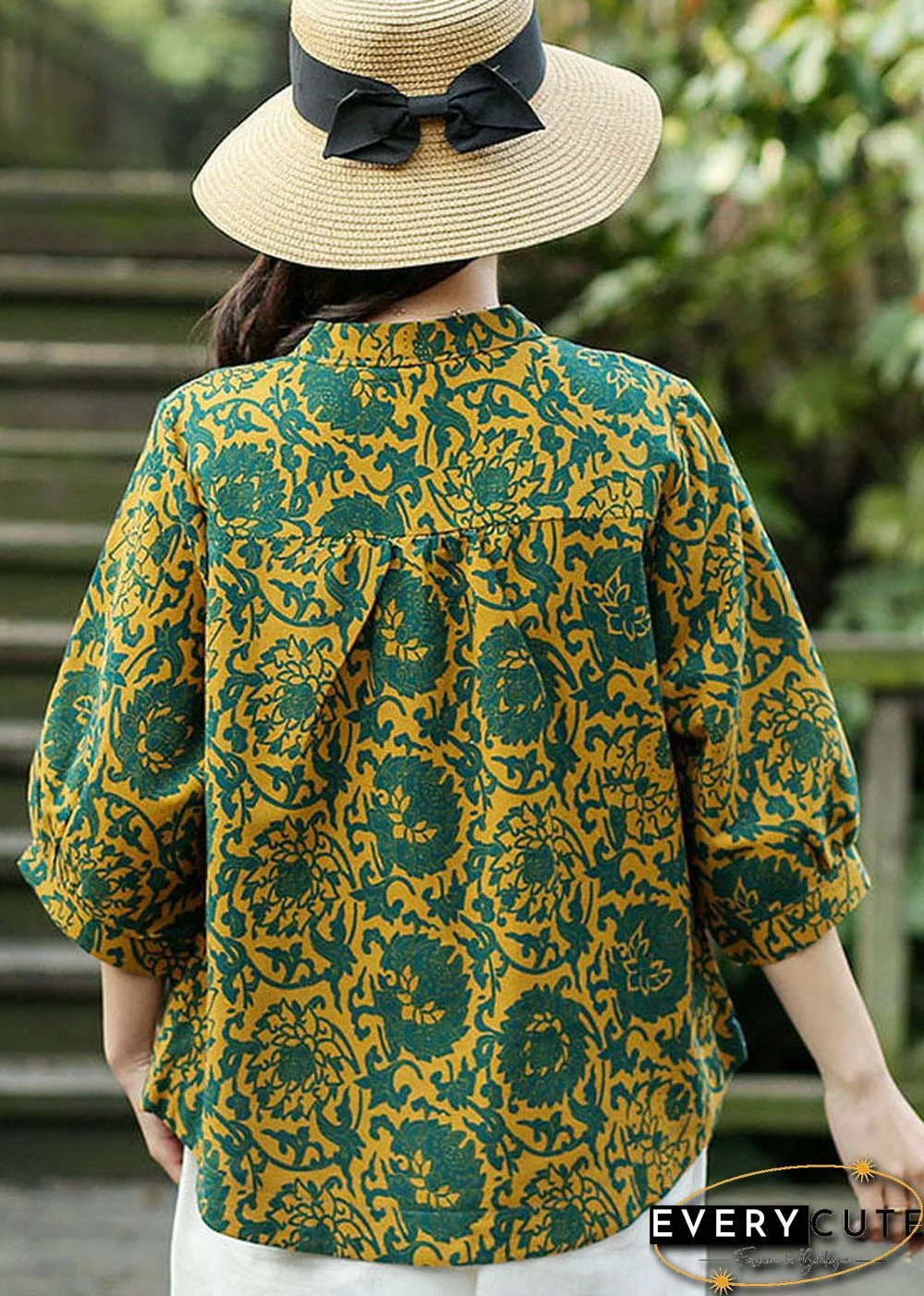 Handmade Yellow O-Neck Green Print Linen Shirt Top Bracelet Sleeve