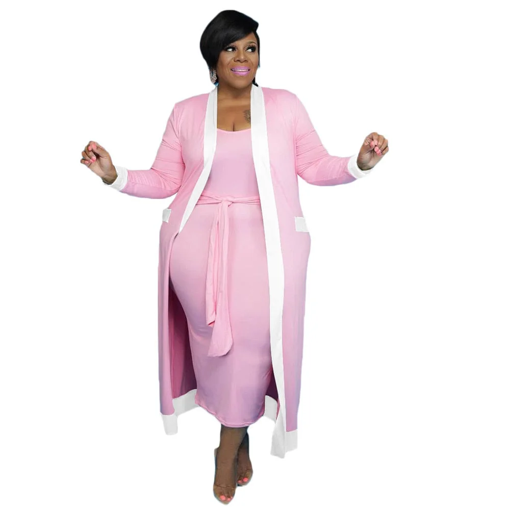 Two Piece Sets Plus Size Women Clothing 2021 Fall Clothes Wholesale Dress with Belt Long Sleeve Coat Matching Suits DropShipping