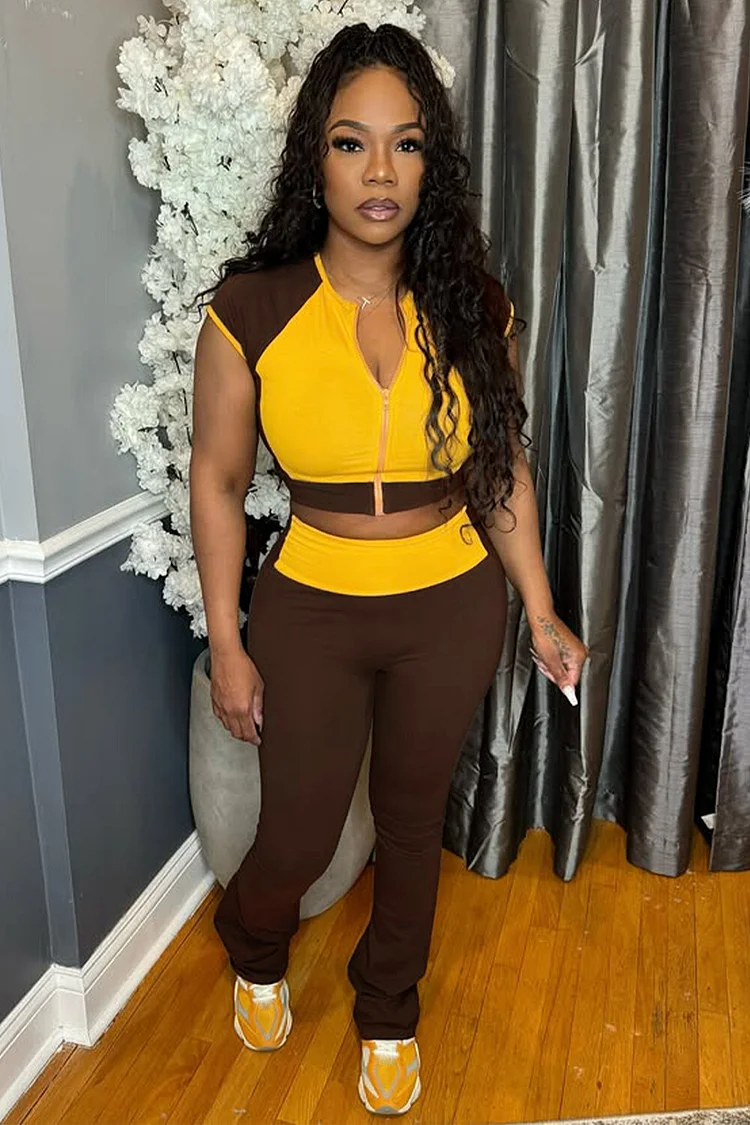 Colorblock Short Sleeve Zipper Crop Top Micro-Flared Pants 2pcs Set-Yellow