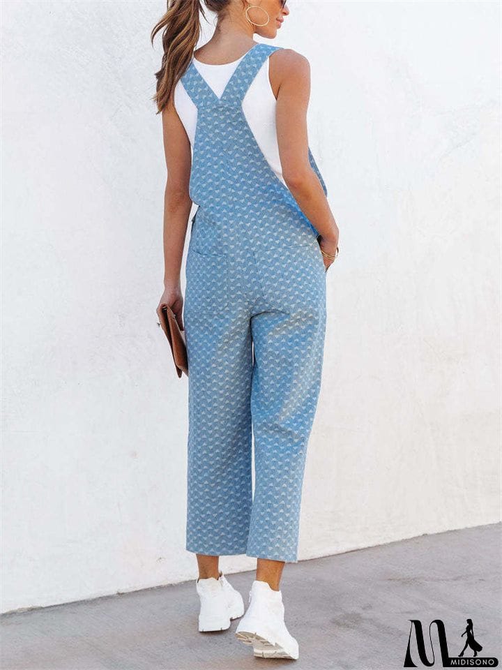 MidiSono - Trendy Ladies Light Blue Polka Dot Denim Jumpsuits