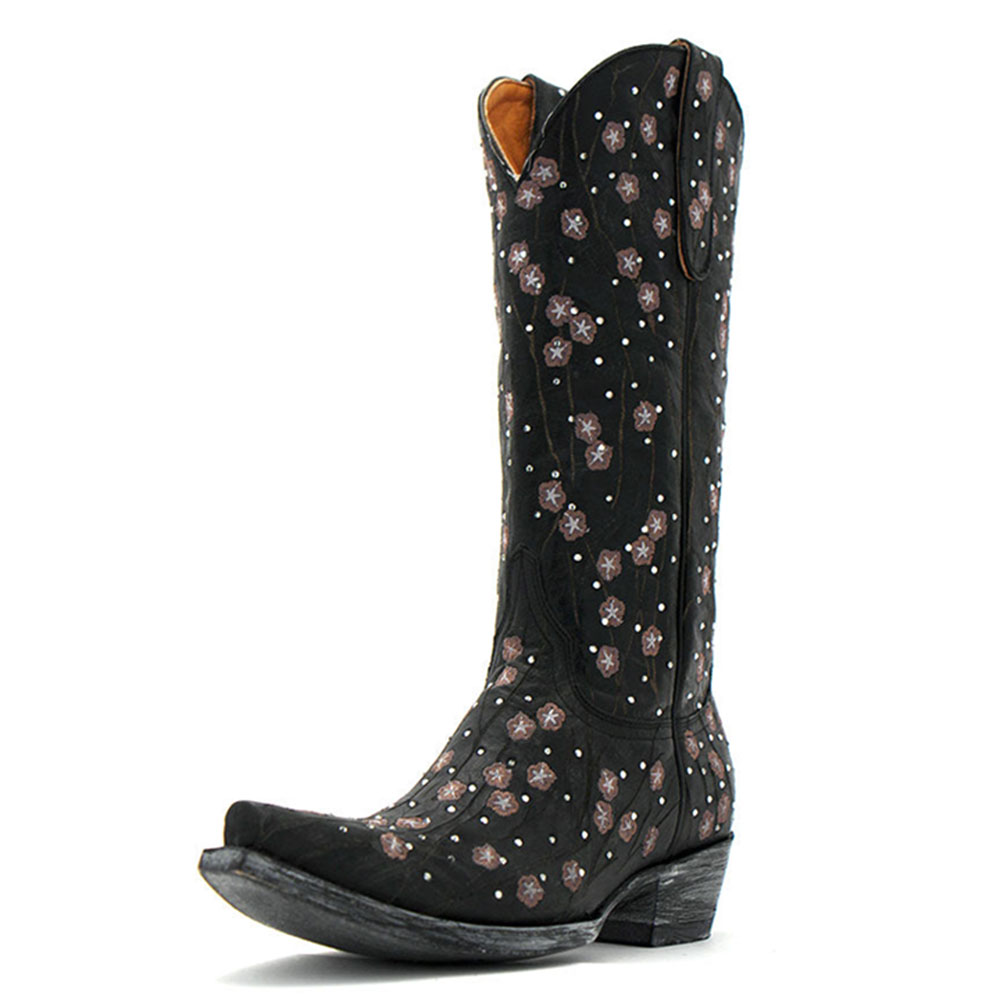 Black Snip Toe Rhinestone Flower Embroidered Mid-Calf Cowgirl Boots