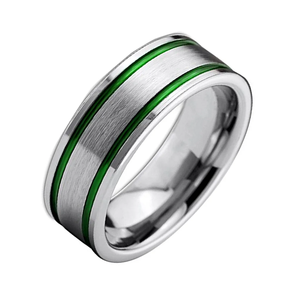 6MM 8MM Tungsten Carbide Mens Brushed Rings Double Green Grooved Comfort Fit