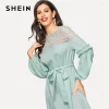 SHEIN Turquoise Lace Yoke Pearl Beading Lantern Sleeve Belted Long Dress Spring Women Solid Laser Cut Hollow Out Midi Dresses