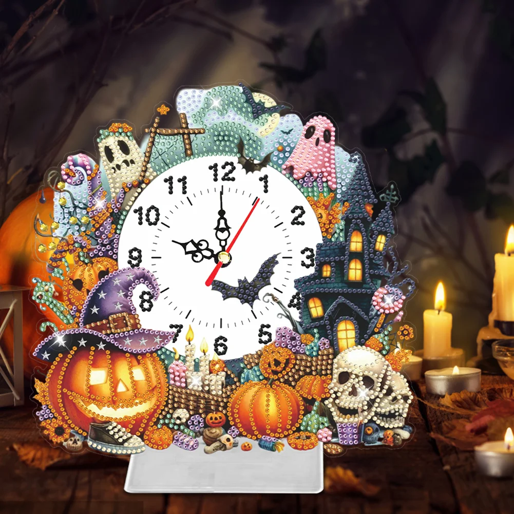 DIY Halloween Pumpkin Acrylic Special Shaped Diamond Painting Clock Desktop Decor