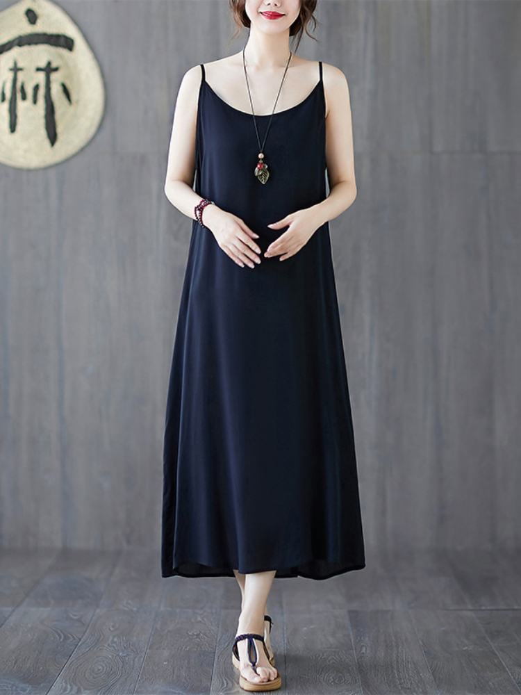 Fashion Ladies Sling Literary Cotton Linen Loose Solid Color Dress