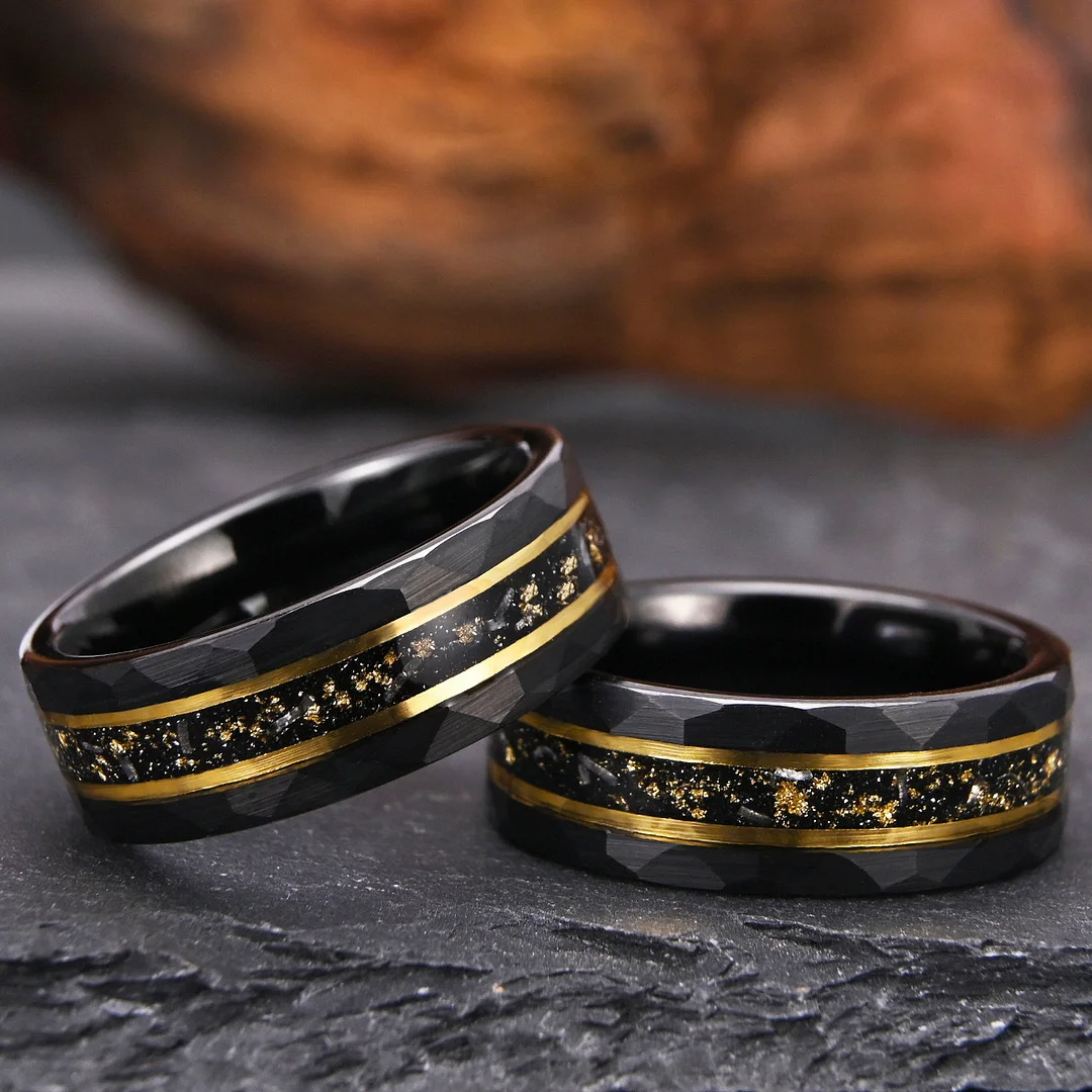 8MM Opel Men Tungsten Carbide Rings Fragments of Gold Foil and Meteorite Wedding Bands