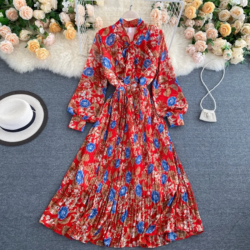 Croysier Dresses For Women 2021 Elegant Bow Tie Neck Vintage Floral Midi Dress Long Sleeve Spring Autumn Chiffon Pleated Dress