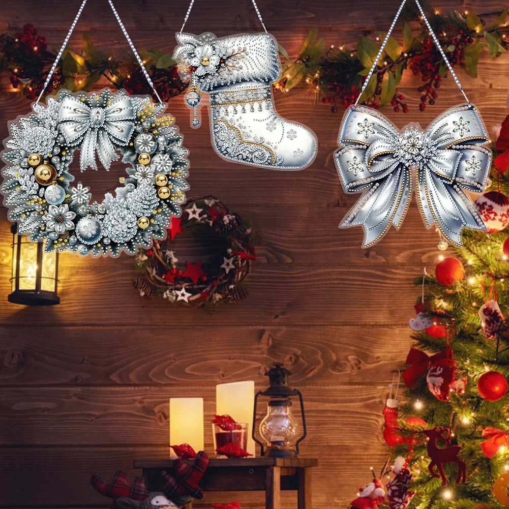 3Pcs Acrylic Winter Christmas 5D DIY Diamond Painting Dot Pendant for Wall Decor