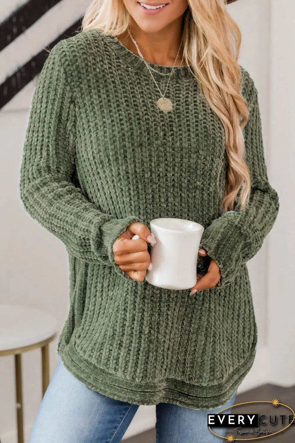 Green Long Sleeve Round Hem Cable Knit Sweater