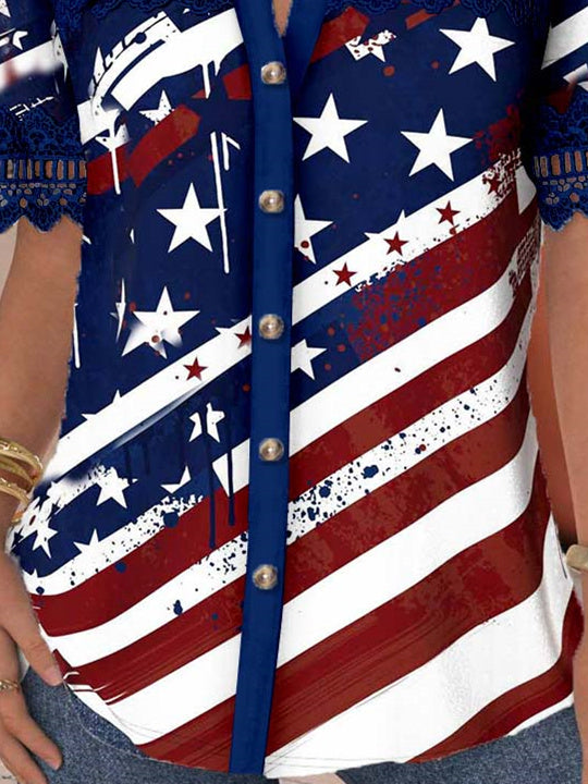 Women Short Sleeve V-neck Striped Star Printed Graphic Lace Hollow Stitching Button Tops