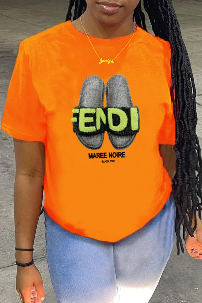 Orange Fashion Casual Print Basic O Neck T-Shirts | EGEMISS