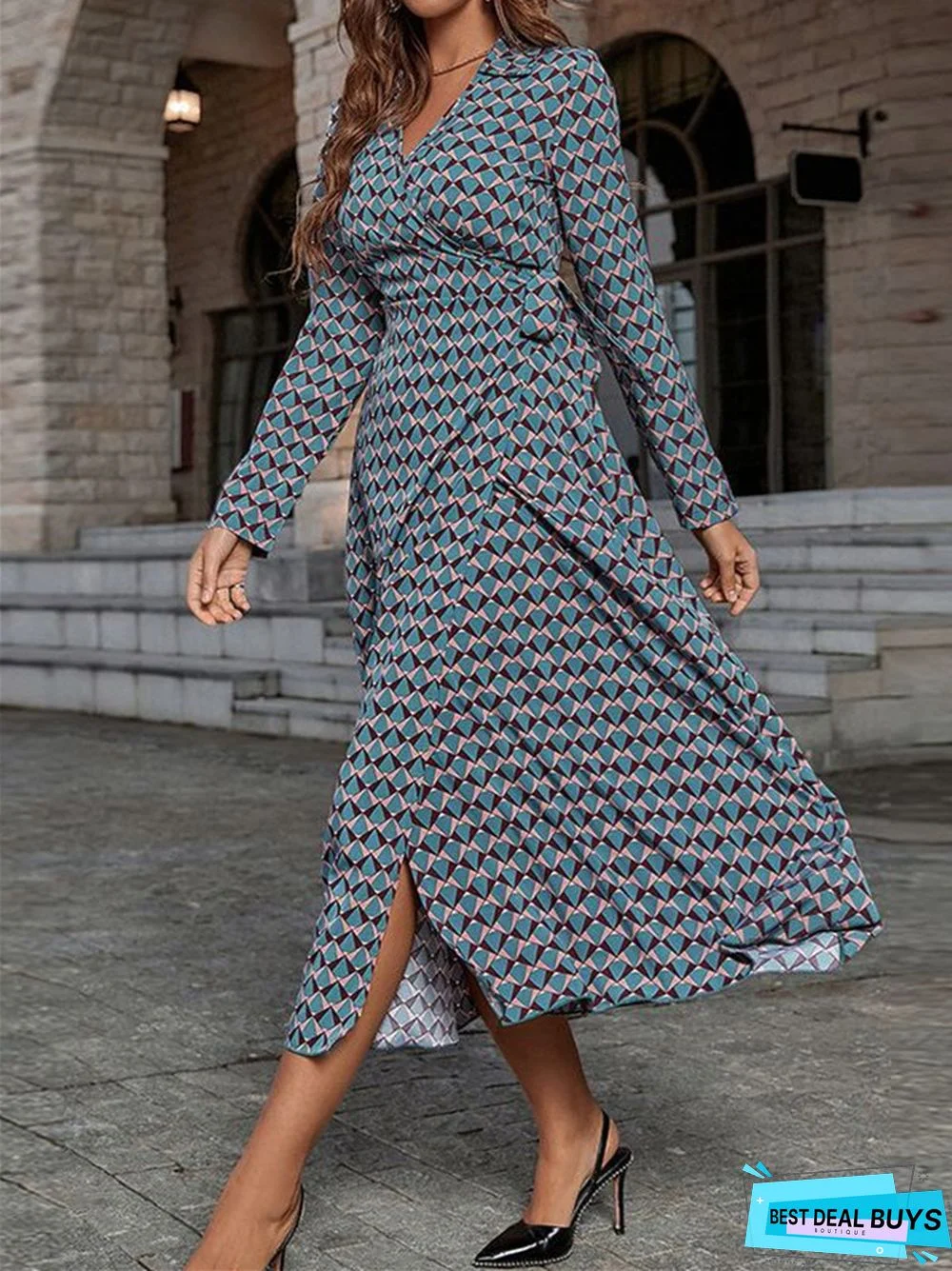 V-Neck Long Sleeve Printed Long Dress