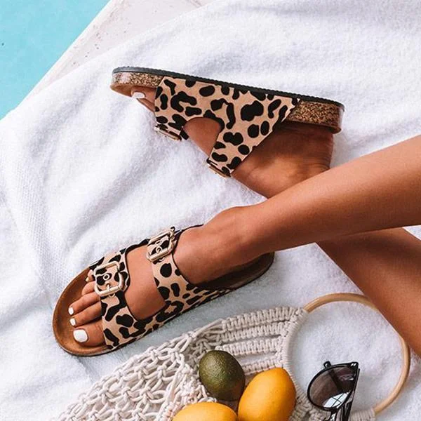 Summer Wide Buckled Leopard Slippers