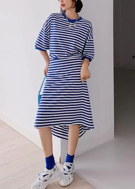 Style blue striped tunic dress o neck side open Plus Size Dresses