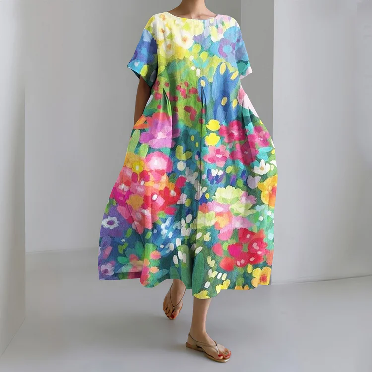 Abstract Floral Print Short Sleeved Casual Midi Dress