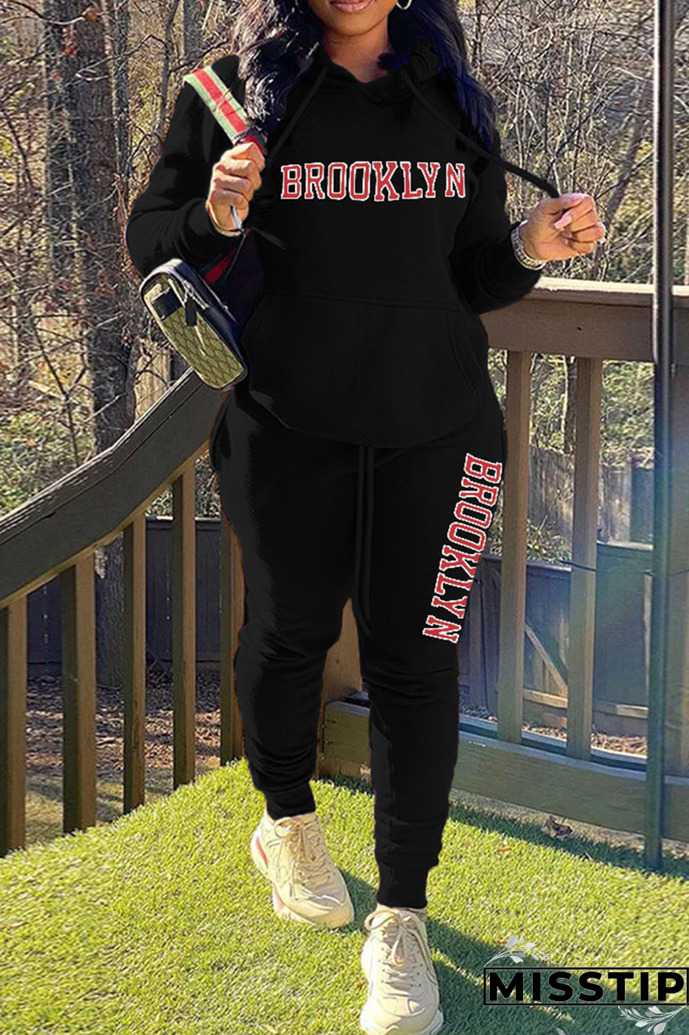 Black Street Print Letter Hooded Collar Long Sleeve Two Pieces