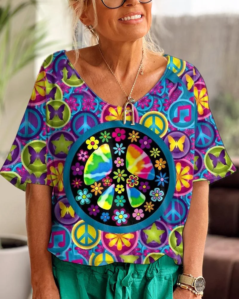 Hippie Flower Music Sign Multicolor V Neck T-Shirt