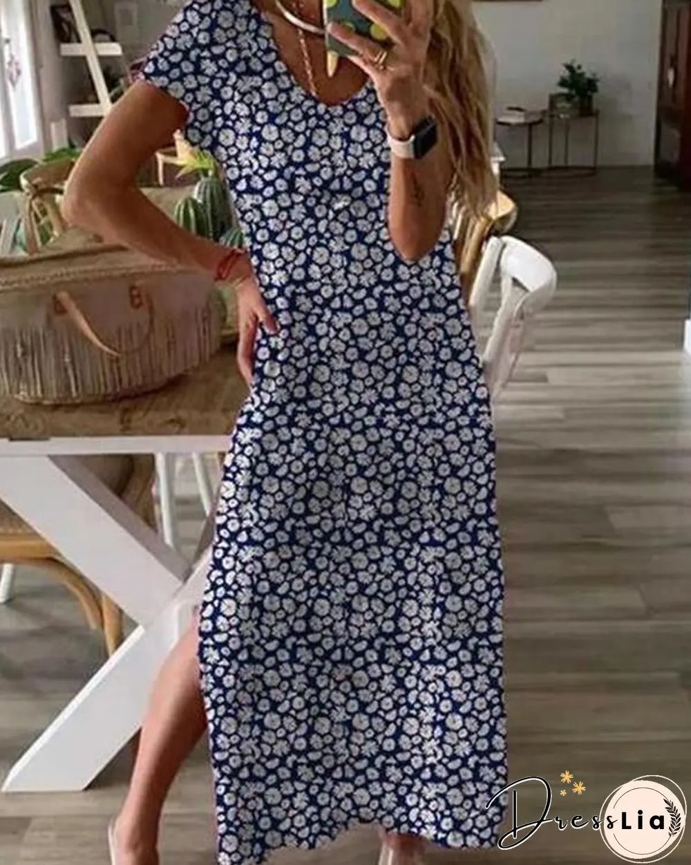 Floral Print Hem Split Maxi Dress