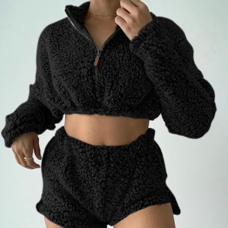 Fuzzy Cropped Faux Fur Teddy Pullover and Fleece shorts Co ord Set