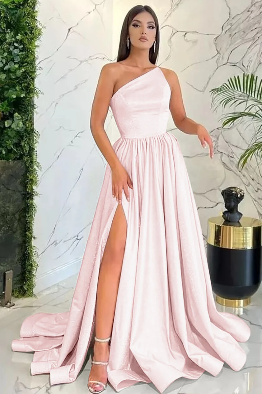 Miabel Modest Light Pink One Shoulder Sleeveless Evening Dress With Split
