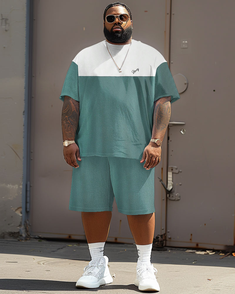 Men's Plus Size Casual Simple Color Block Printed T-shirt Shorts Suit