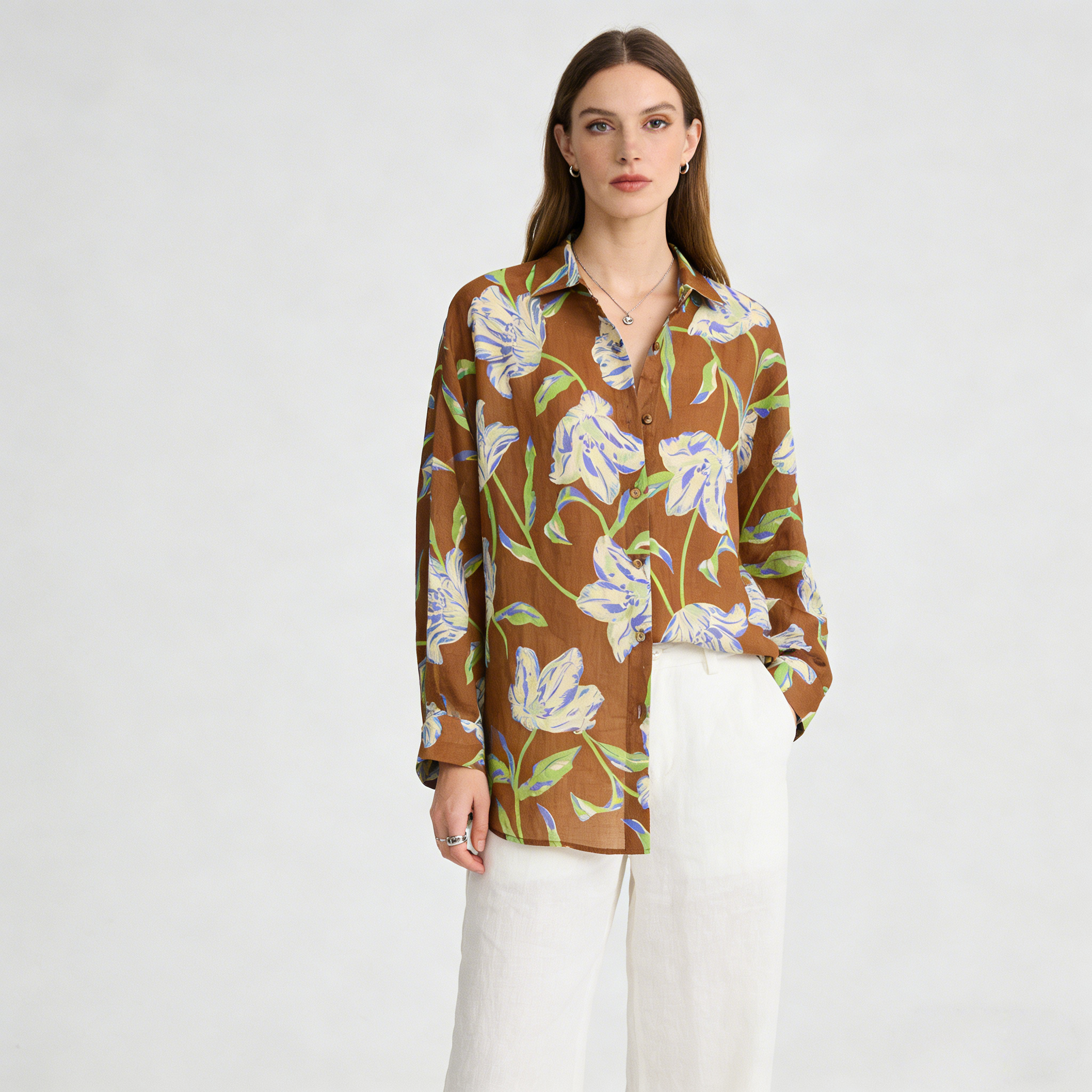 Linen Shirt Women 100% Ramie Floral Print Oversized Top REAL SILK LIFE