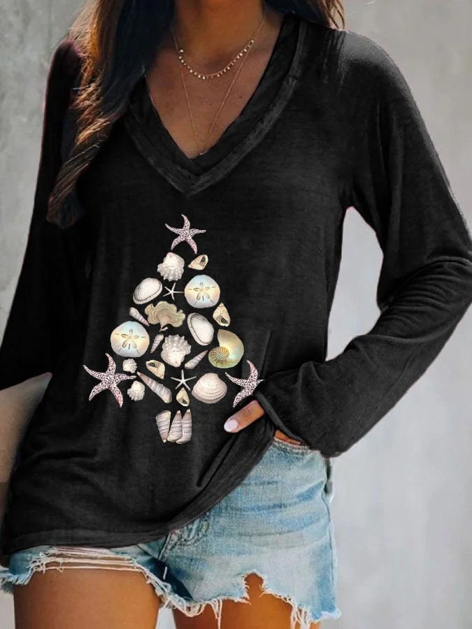 Women's Christmas Shell Tree V Neck T-Shirt