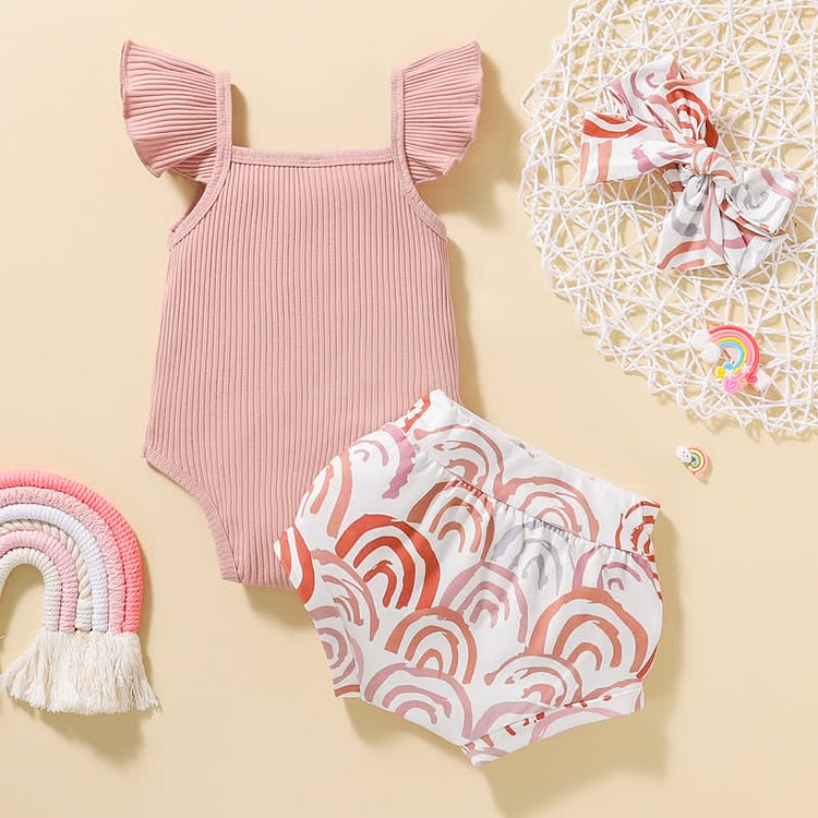 Baby Ruffled Ribbed Bodysuit Shorts Headband Set