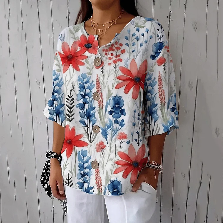 Women's Independence Day Floral Print Button Down Linen Blend Shirt