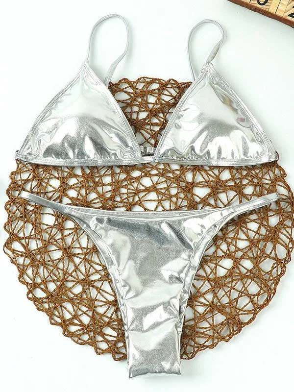 Wet Look Patent Leather Triangles Split Bikini Swimsuit