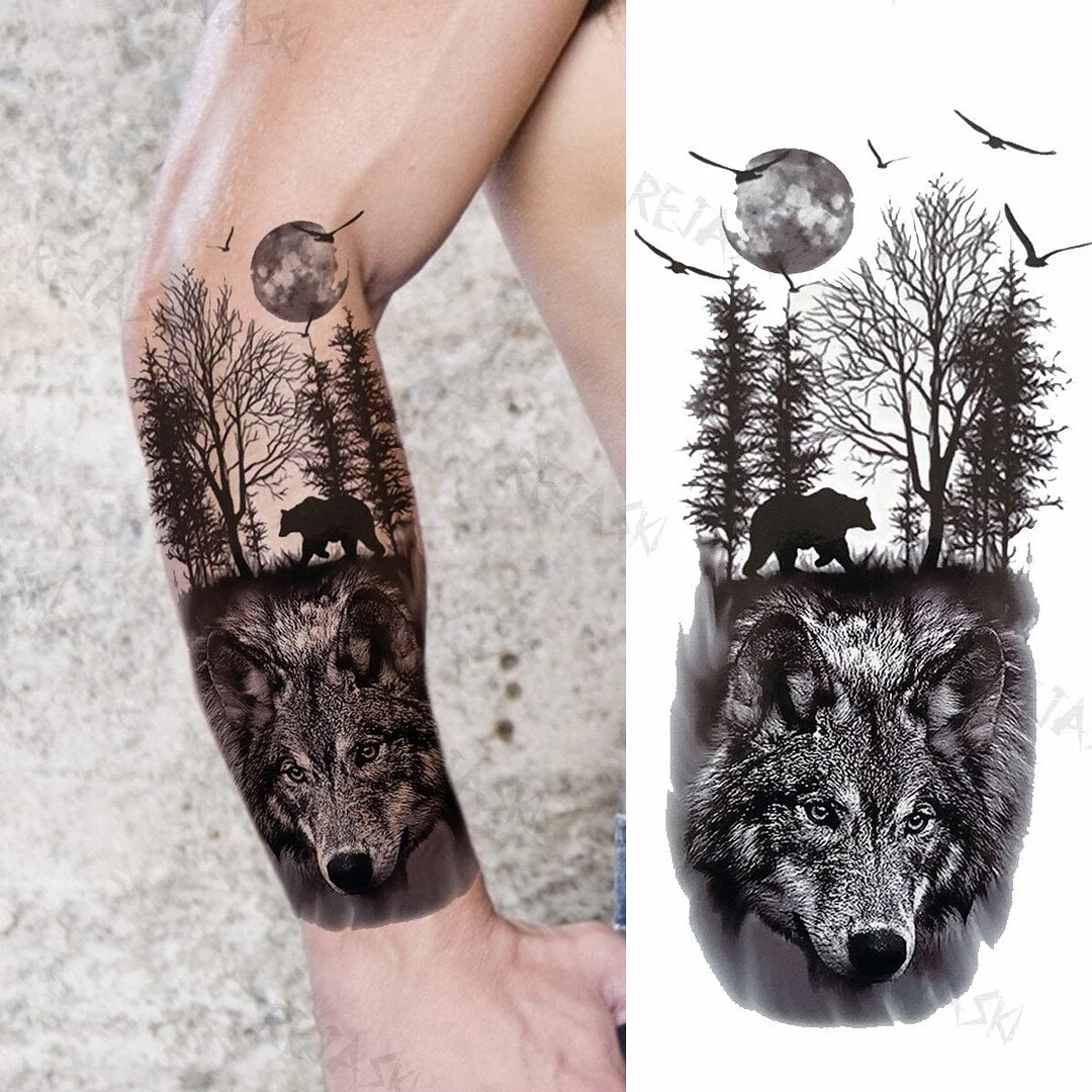 Big Compass Lion Temporary Tattoos For Men Foreearm Women Adults Wolf Tiger Skull Rose Owl Eye Fake Tattoo Sticker Tatoos