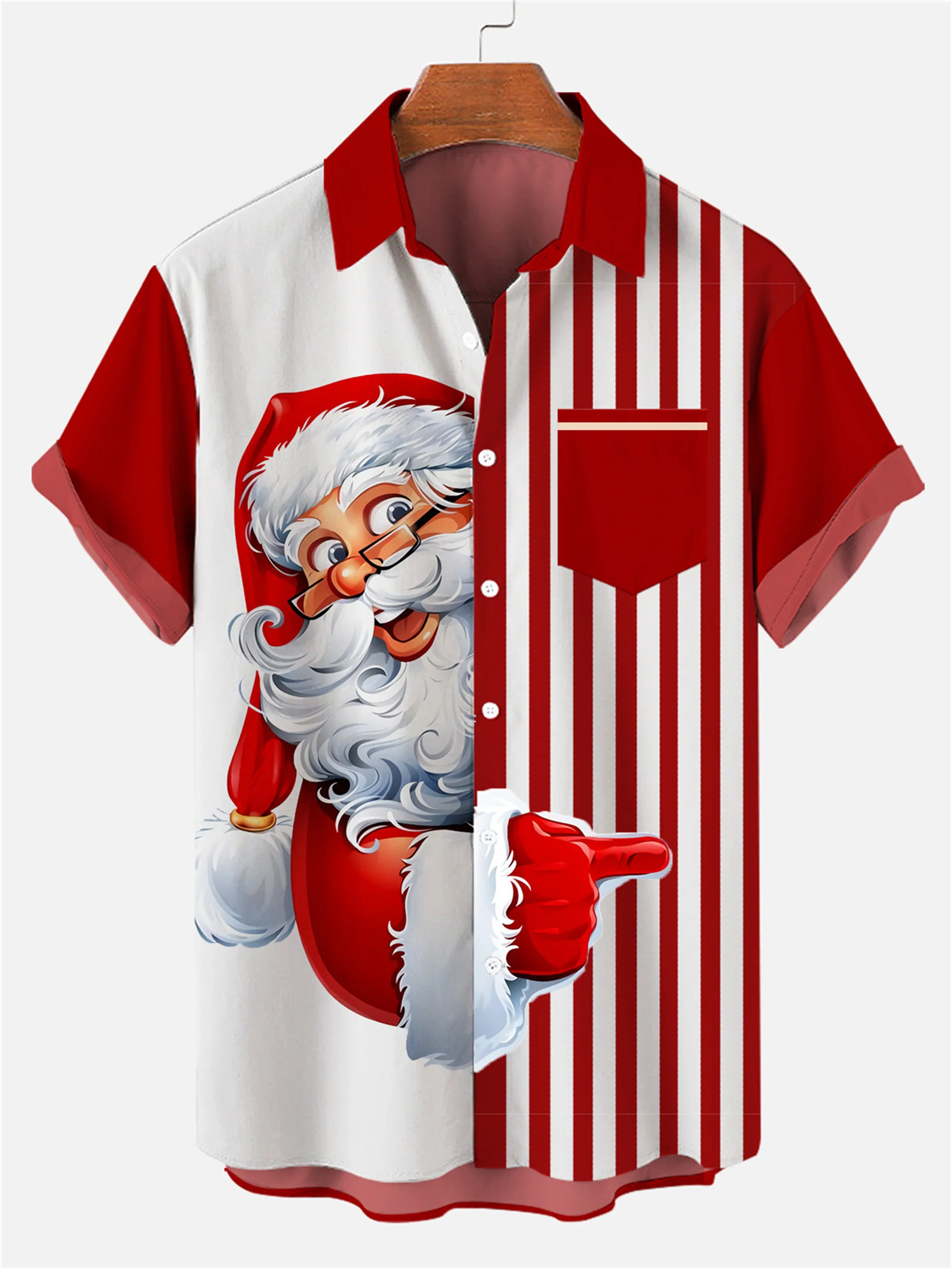 Men Santa Claus  And Stripes Print Pocket Front Short Sleeves Shirt PLUSCLOTHESMAN