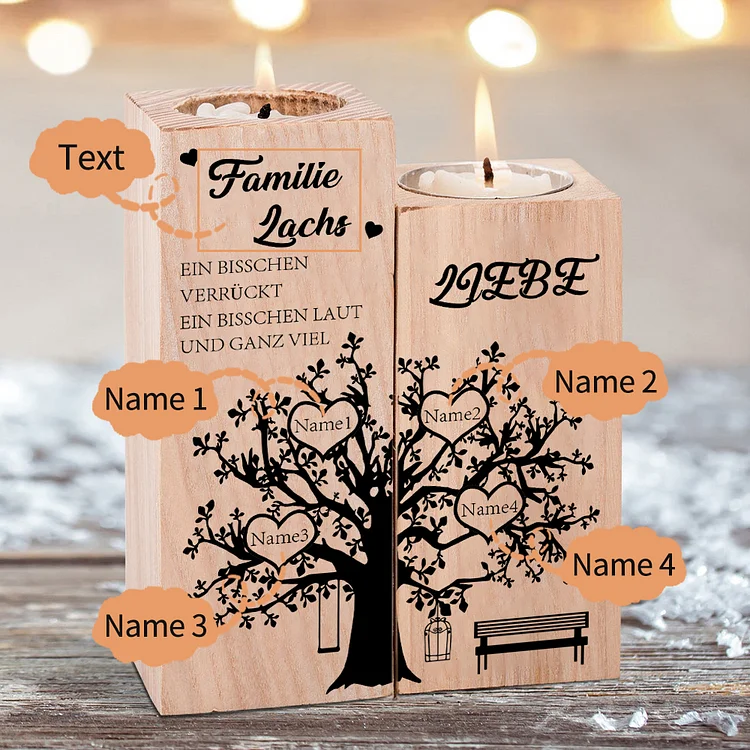 Personalisierte 4 Namen & 1 Text Herz Familienbaum Kerzenhalter- Familie... etwas verrückt, etwas laut & ganz viel Liebe