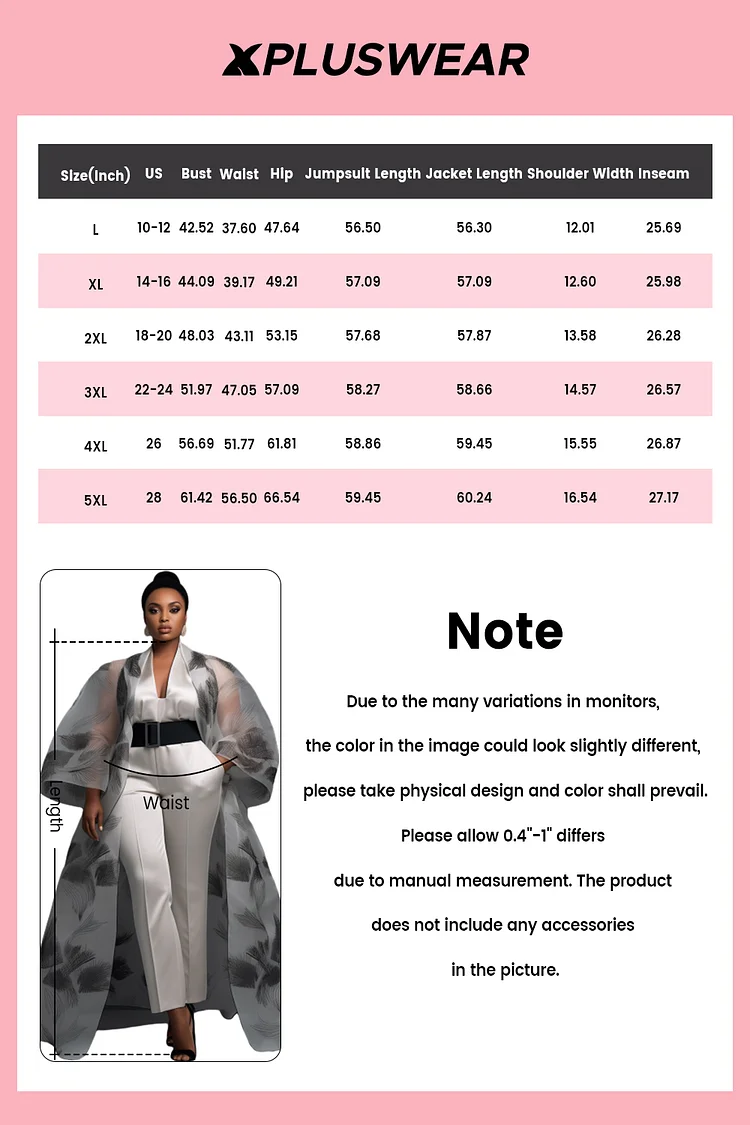 Xpluswear Design Plus Size Formal Grey Graphic V Neck Long Sleeve Pocket Satin Jumpsuits Cardigan Set  [Pre-Order]