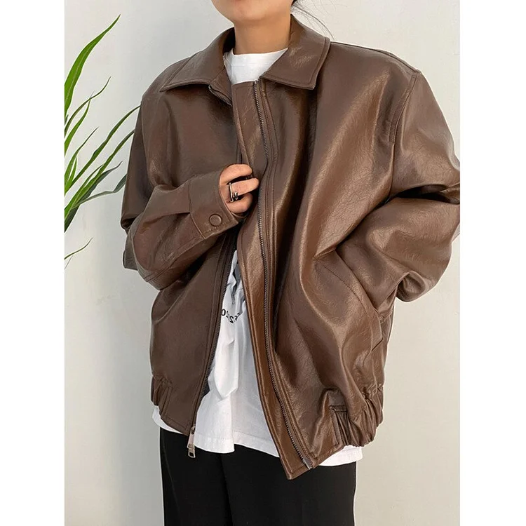 Casual Loose Solid Color Lapel Long Sleeve Zip-up Leather Jacket 