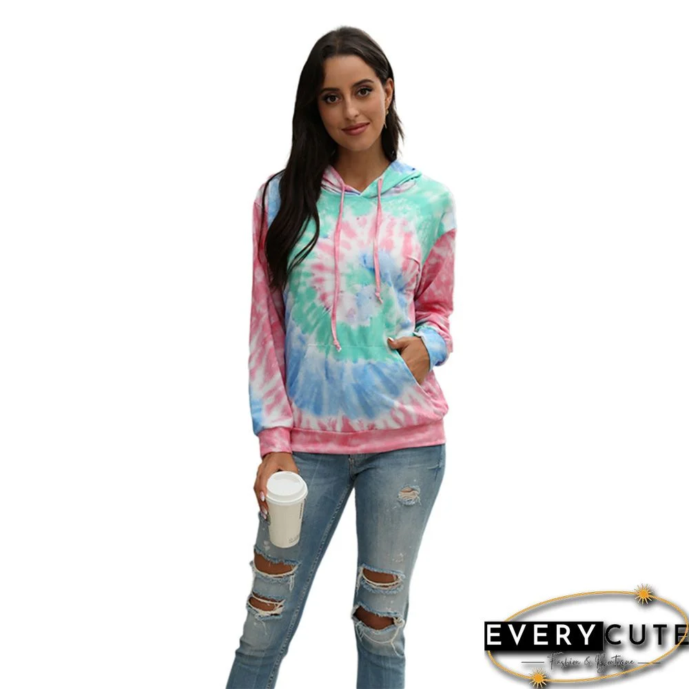 Pink Tie Dye Print Long Sleeve Drawstring Hoodie