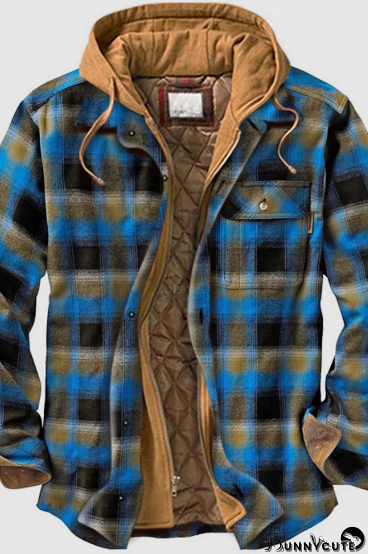 Blue Casual Plaid Print Split Joint Buckle Zipper Hooded Collar Outerwear