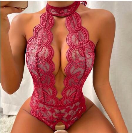 Lovingerie - Seductive Crotchless One-Piece Sleepwear  Scallop Lace Plunge V-Neck Halterneck Design 