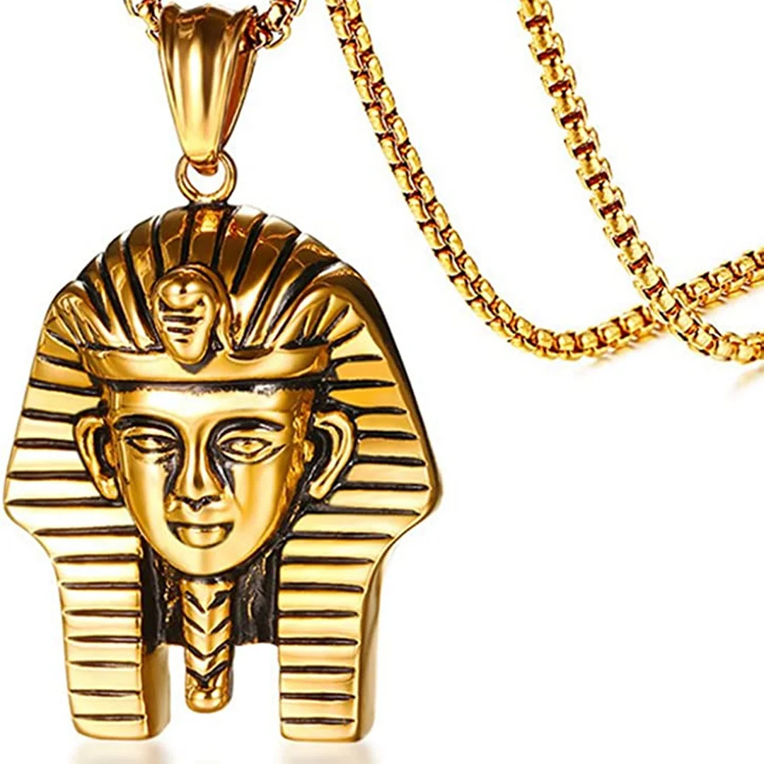 JAJAFOOK Men's Stainless Steel Egyptian Pharaoh Pendant for Punk Biker Vintage Gold Plated Necklace