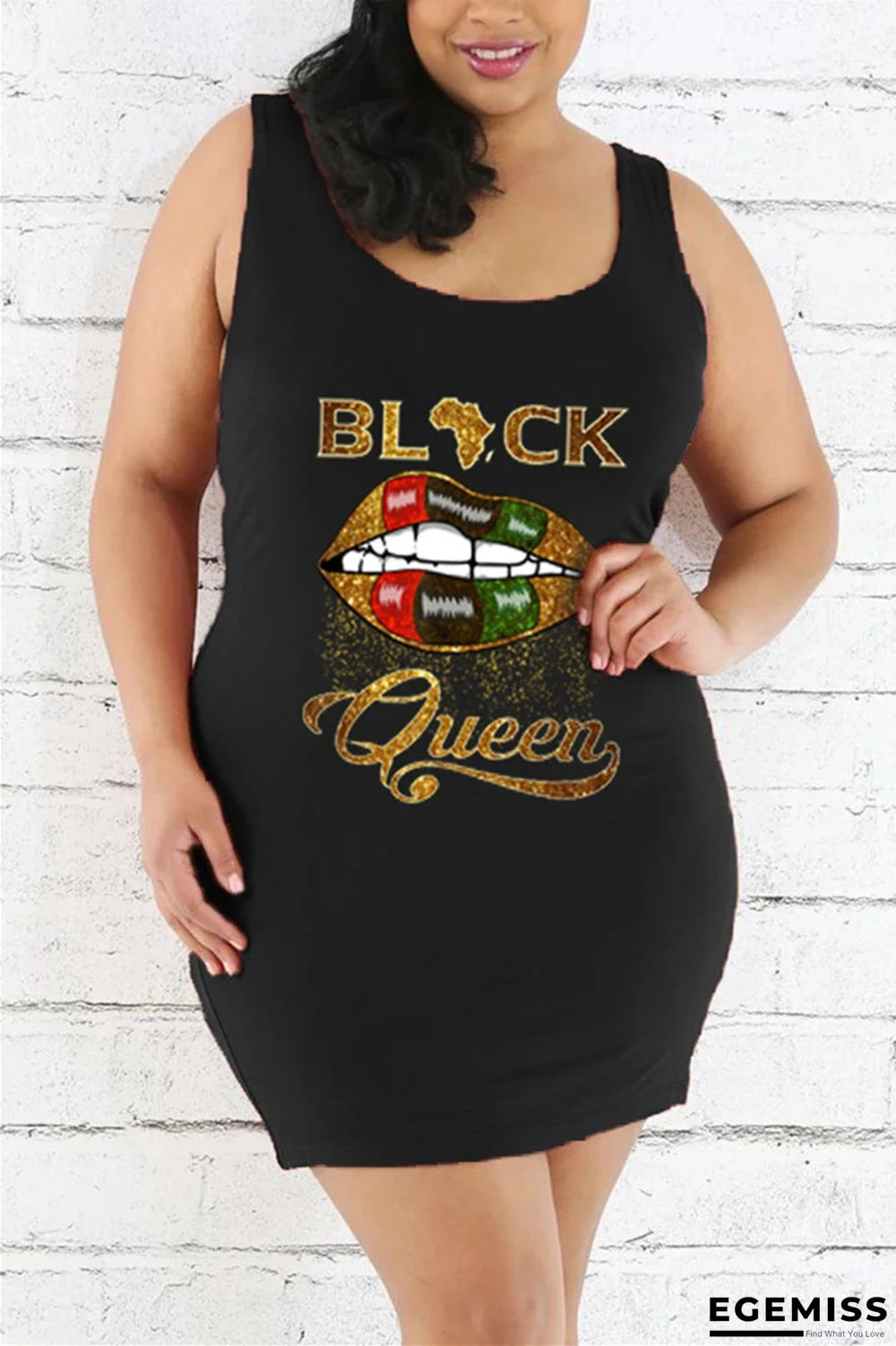 Black Fashion Sexy O Neck Sleeveless Tank Letter Print Lips Printed Printed Plus Size Dress | EGEMISS