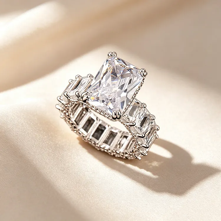 Emerald Cut Full Pav&eacute; Moissanite Ring