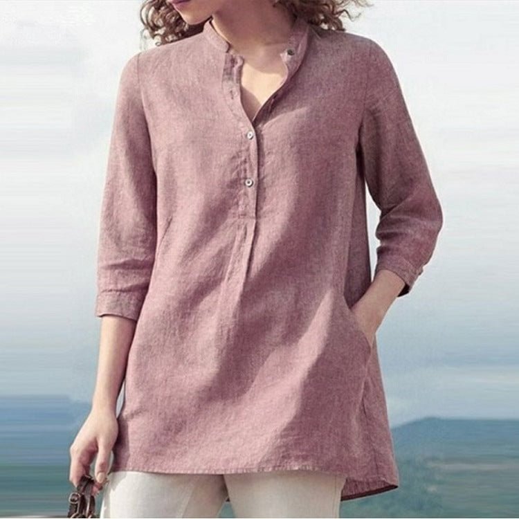 Solid 7-sleeve Cotton Linen Collar Women's Shirt