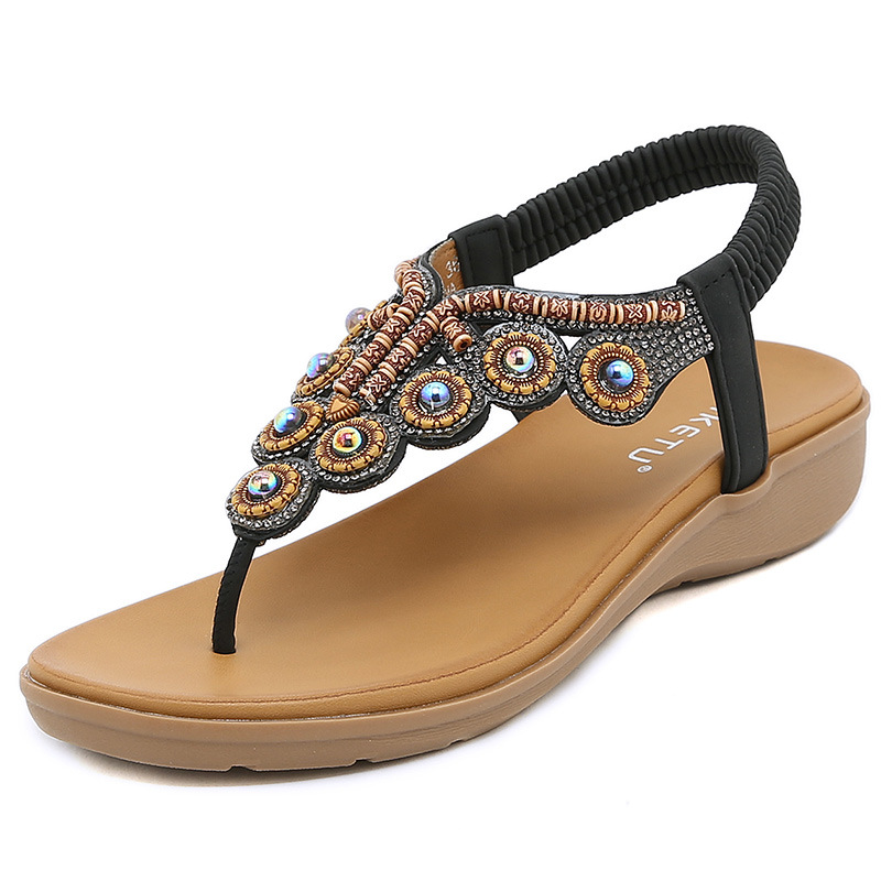 Arkget Shoes | Women's Beaded Sandals Bohemian Crystal Flower Straps & Elastic Ankle Tie Flip Flops