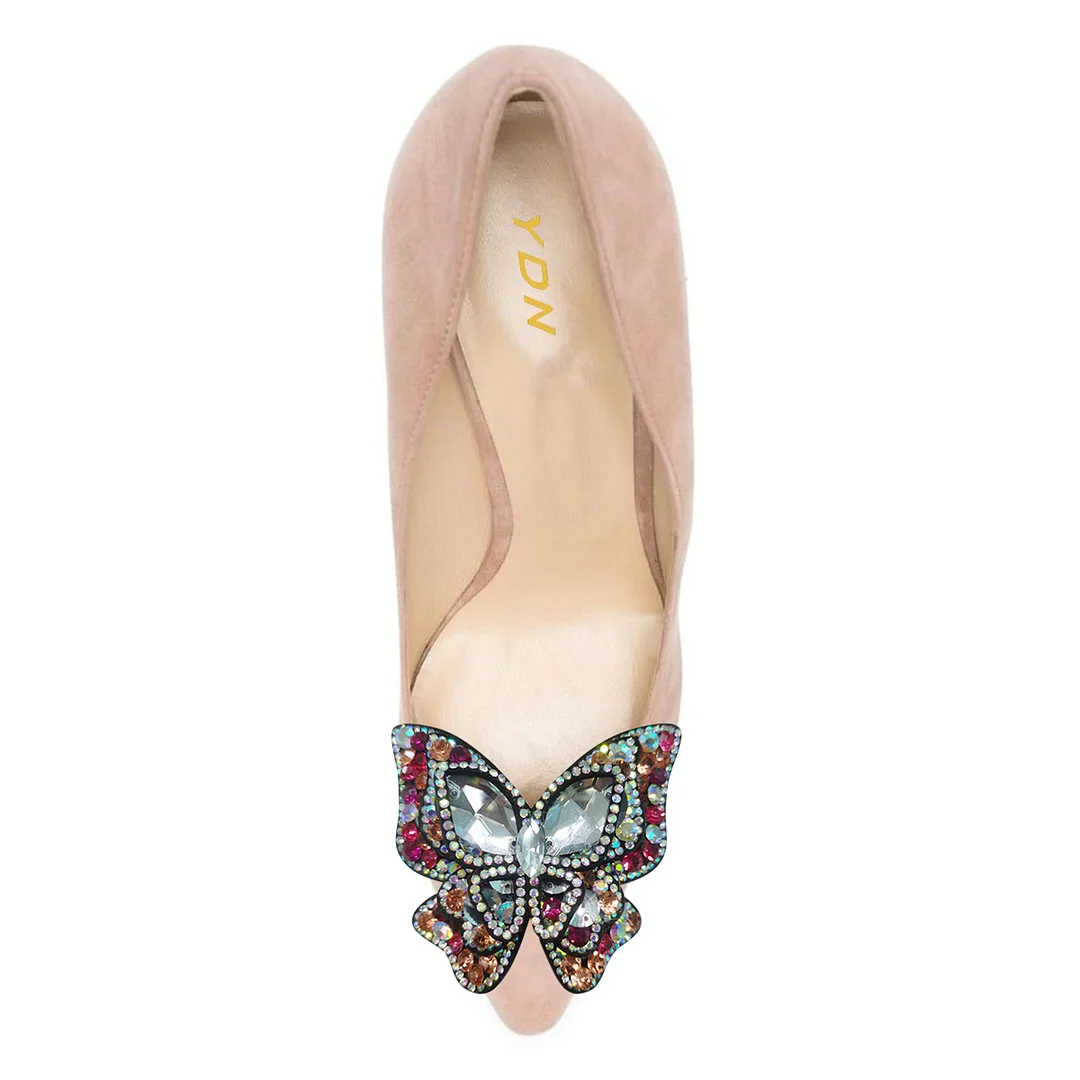 Faux Suede Nude Pumps with Colorful Rhinestone Butterfly Inlay 