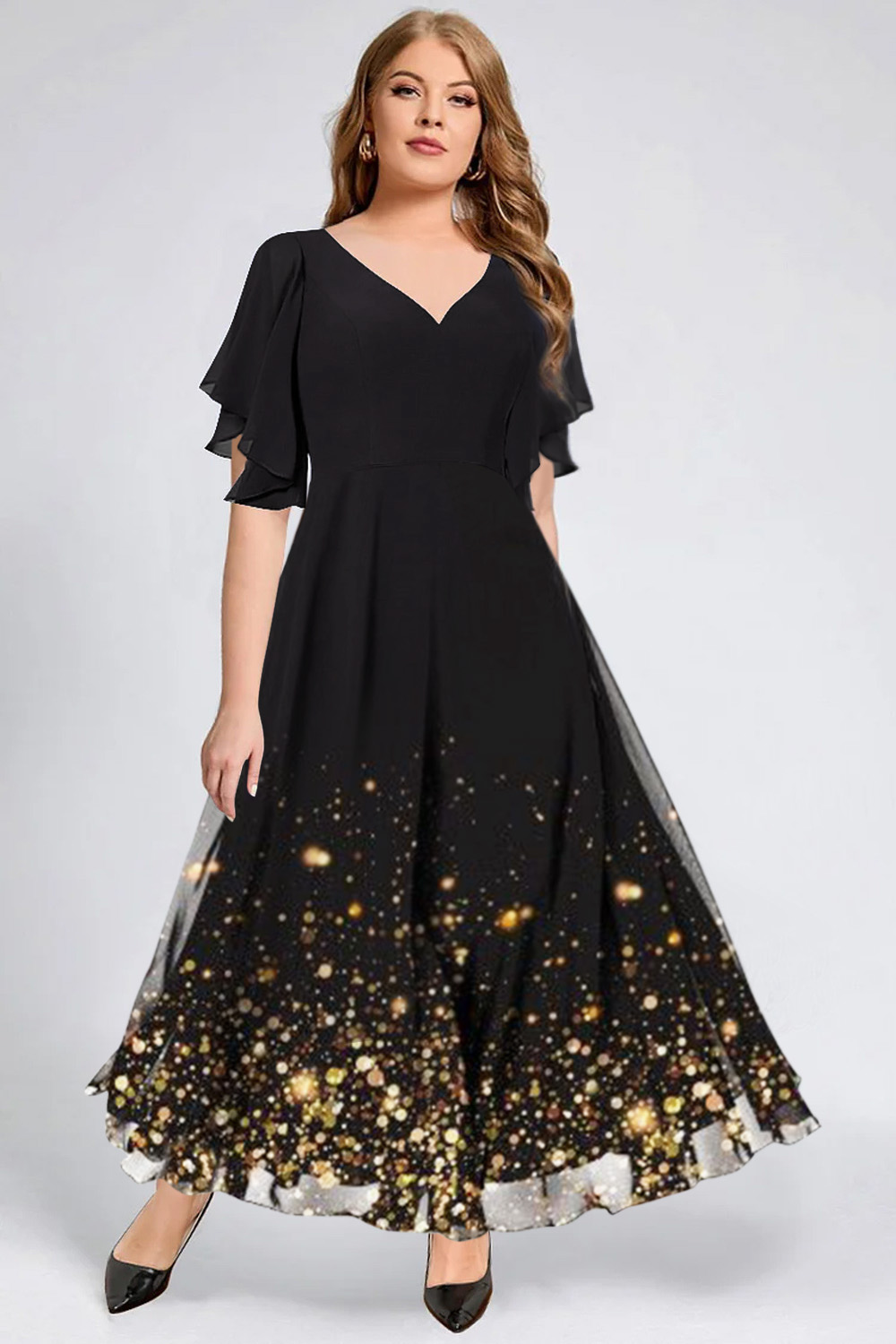 Flycurvy Plus Size Semi Formal Black Chiffon Sparkly Print V Neck Ruffle Sleeve Layered Tunic Maxi Dress 2024 - Flycurvy 